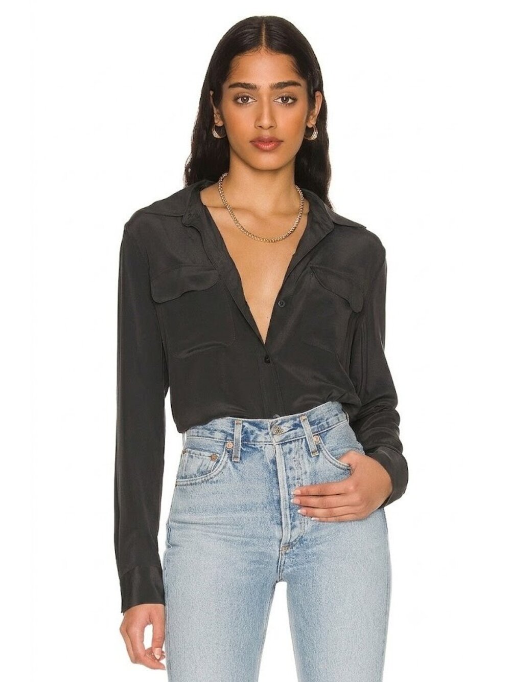 NWT Equipment Slim Signature in Eclipse Washed Black Silk Button Down Shirt M - Picture 2 of 10